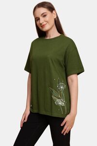 Sands of India Olive Floral Embroidered Oversized T-Shirt - Casual Wear - Green — thumbnail 1