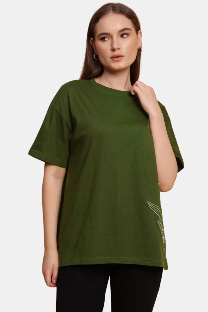 Sands of India Olive Floral Embroidered Oversized T-Shirt - Casual Wear - Green — image 3
