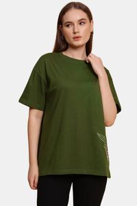 Sands of India Olive Floral Embroidered Oversized T-Shirt - Casual Wear - Green — thumbnail 3