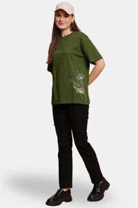 Sands of India Olive Floral Embroidered Oversized T-Shirt - Casual Wear - Green — thumbnail 5