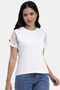 Sands of India Women White Casual Lace Tee - Stylish Everyday Wear - White — thumbnail 1