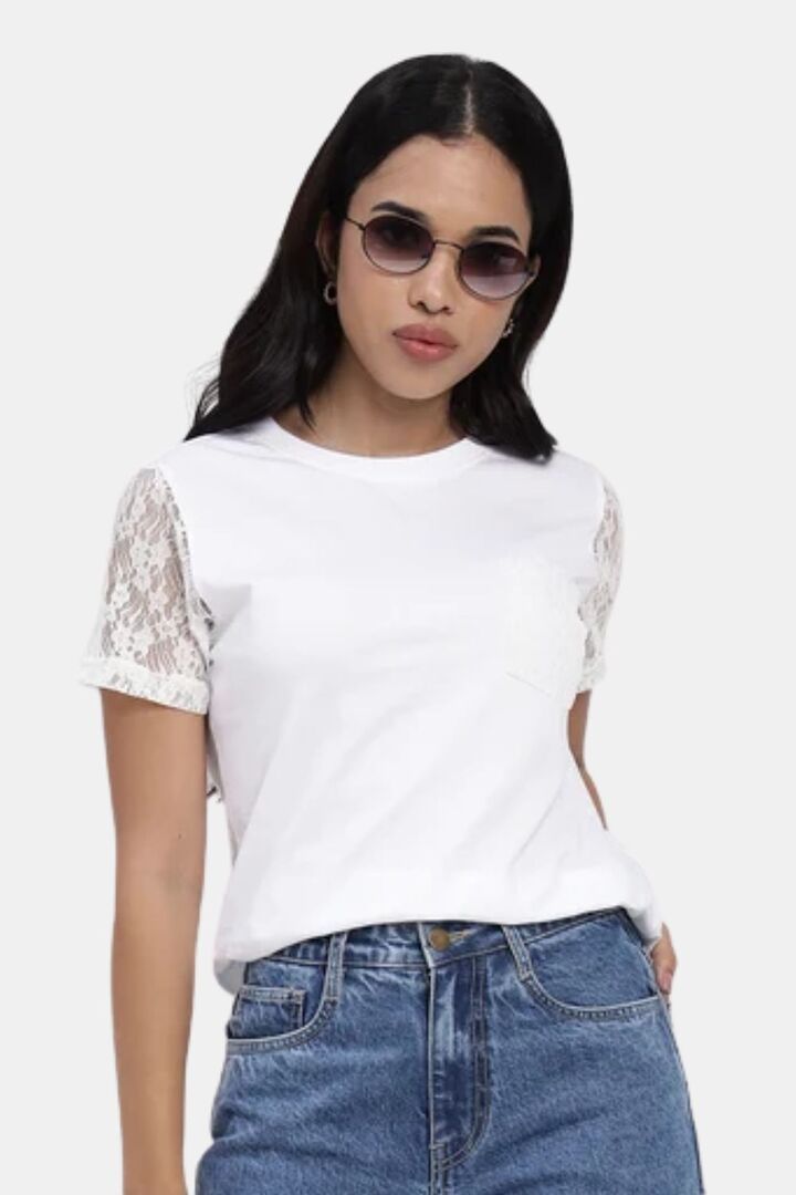 Sands of India Women White Casual Lace Tee - Stylish Everyday Wear - White — image 3