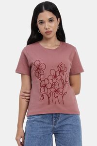 Sands of India Embroidered Salmon-Coloured Regular T-Shirt - Skin — thumbnail 1