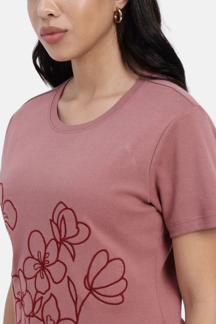 Sands of India Embroidered Salmon-Coloured Regular T-Shirt - Skin — image 3