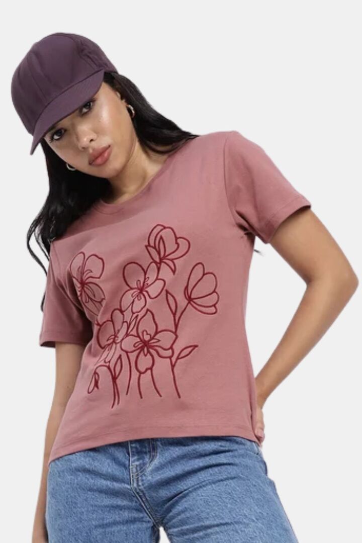 Sands of India Embroidered Salmon-Coloured Regular T-Shirt - Skin — image 5