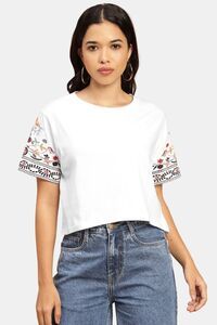 Sands of India Women White Crop Top With Sleeve Embroidery  - White — thumbnail 1