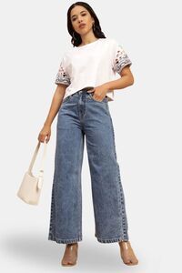 Sands of India Women White Crop Top With Sleeve Embroidery  - White — thumbnail 2