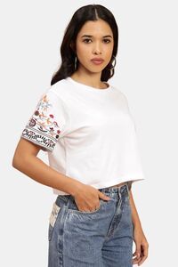 Sands of India Women White Crop Top With Sleeve Embroidery  - White — thumbnail 3