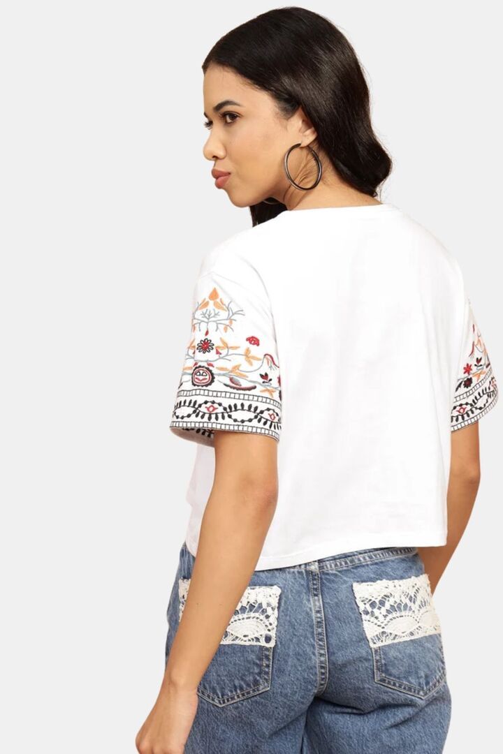 Sands of India Women White Crop Top With Sleeve Embroidery  - White — image 4