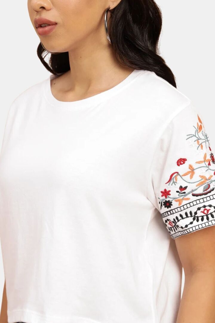 Sands of India Women White Crop Top With Sleeve Embroidery  - White — image 5