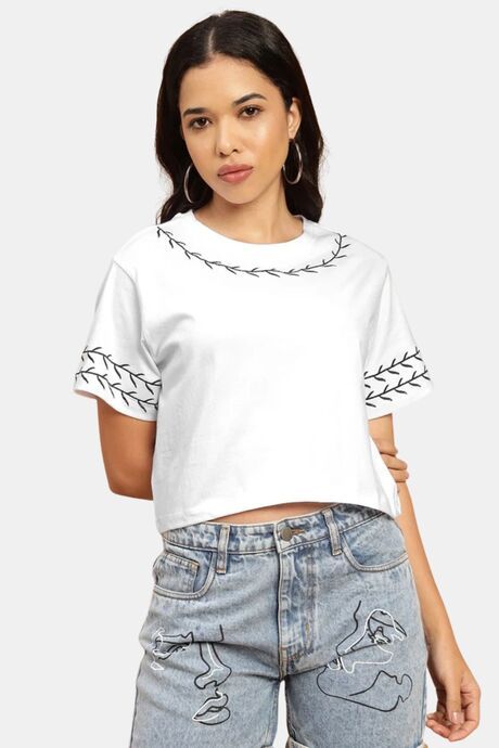 Sands of India White Crop Top With Black Embroidery - White Buy Sands of India White Crop Top With Black Embroidery - White