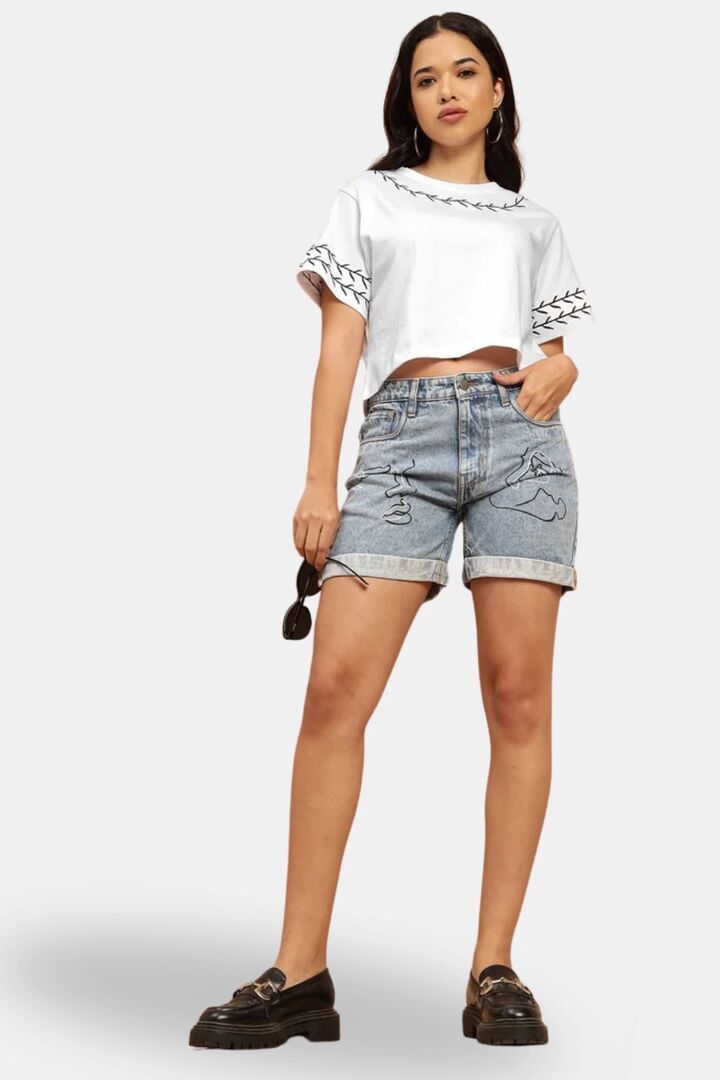 Sands of India White Crop Top With Black Embroidery - White — image 2