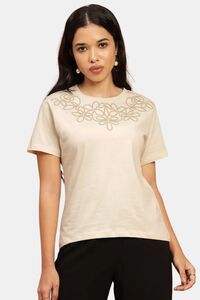 Sands of India Women Beige 100% Cotton Embroidered T-Shirt - Casual Wear - Skin — thumbnail 1