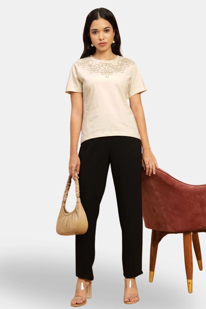 Sands of India Women Beige 100% Cotton Embroidered T-Shirt - Casual Wear - Skin — image 2