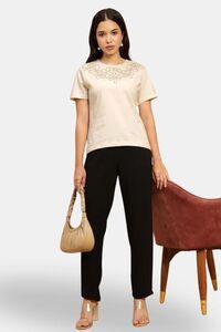 Sands of India Women Beige 100% Cotton Embroidered T-Shirt - Casual Wear - Skin — thumbnail 2
