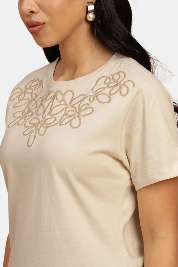 Sands of India Women Beige 100% Cotton Embroidered T-Shirt - Casual Wear - Skin — image 3