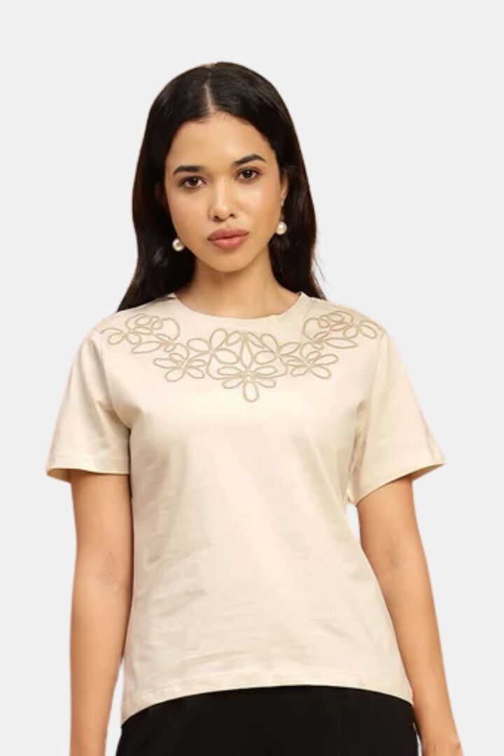 Sands of India Women Beige 100% Cotton Embroidered T-Shirt - Casual Wear - Skin — image 5