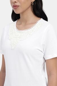 Sands of India White Regular T-Shirt With Lace Neck Accent  - White — thumbnail 3