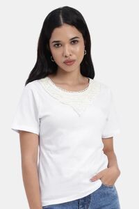 Sands of India White Regular T-Shirt With Lace Neck Accent  - White — thumbnail 5