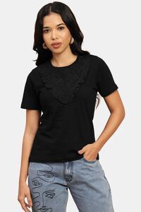 Sands of India Black Regular T-Shirt With Lace Neck Accent - Black — thumbnail 1