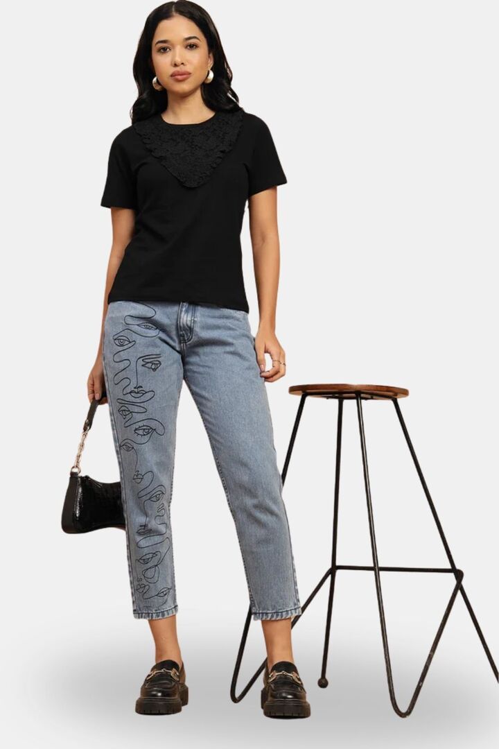 Sands of India Black Regular T-Shirt With Lace Neck Accent - Black — image 2