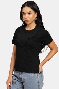 Sands of India Black Regular T-Shirt With Lace Neck Accent - Black — thumbnail 3