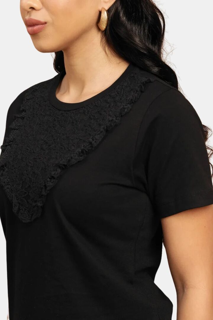 Sands of India Black Regular T-Shirt With Lace Neck Accent - Black — image 5