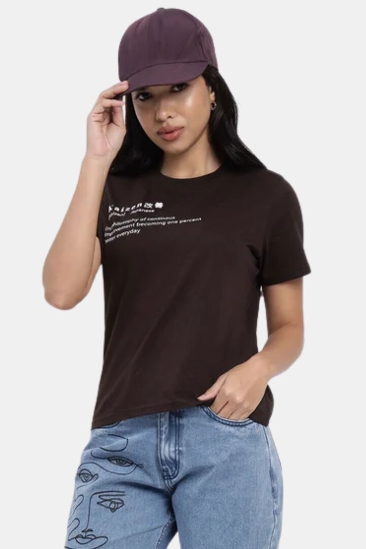 Sands of India Women Brown T-Shirt With Kaizen Print Design - Casual Wear - Brown — image 5