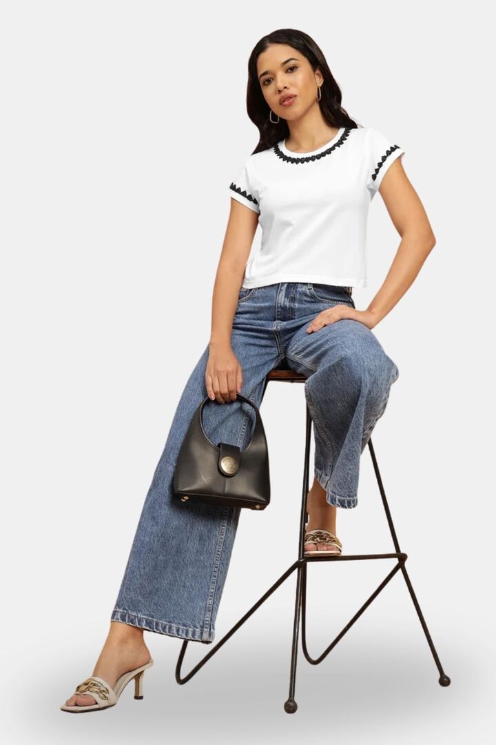 Sands of India Women White Crop Top With Monochrome Embellishment - White — image 2