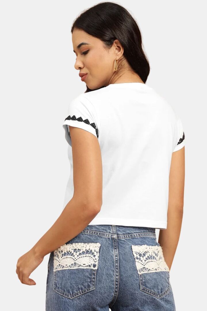 Sands of India Women White Crop Top With Monochrome Embellishment - White — image 3