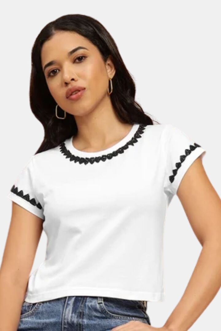 Sands of India Women White Crop Top With Monochrome Embellishment - White — image 5