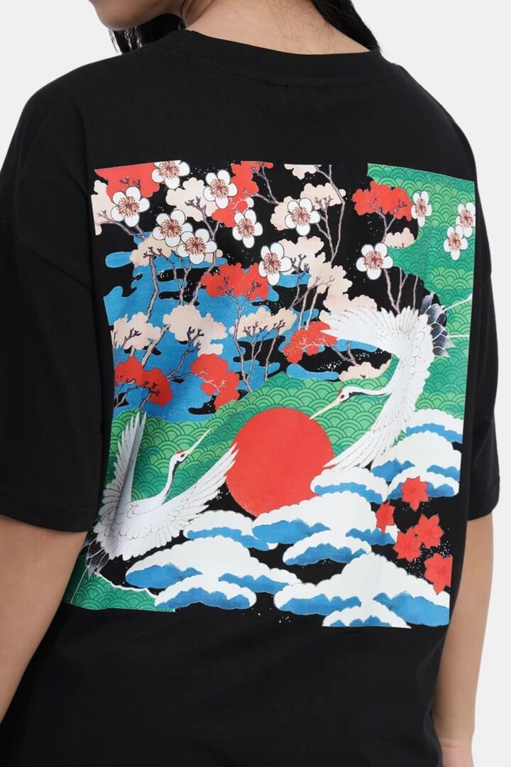 Sands of India Women Black Oversize Unisex T-Shirt With Asian Graphic Print - Black — image 3