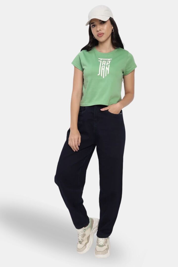 Sands of India Women Green Japan Typo Print Design Crop T-Shirt - Casual Wear - Green — image 2