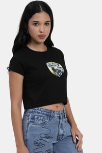 Sands of India Women Black Printed Crop T-Shirt - Stylish Casual Wear - Black — thumbnail 3