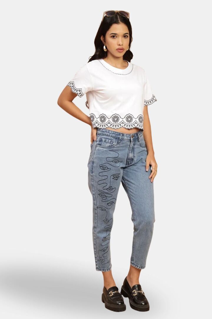 Sands of India White And Black Schiffli Crop Fit T-Shirt - White — image 2