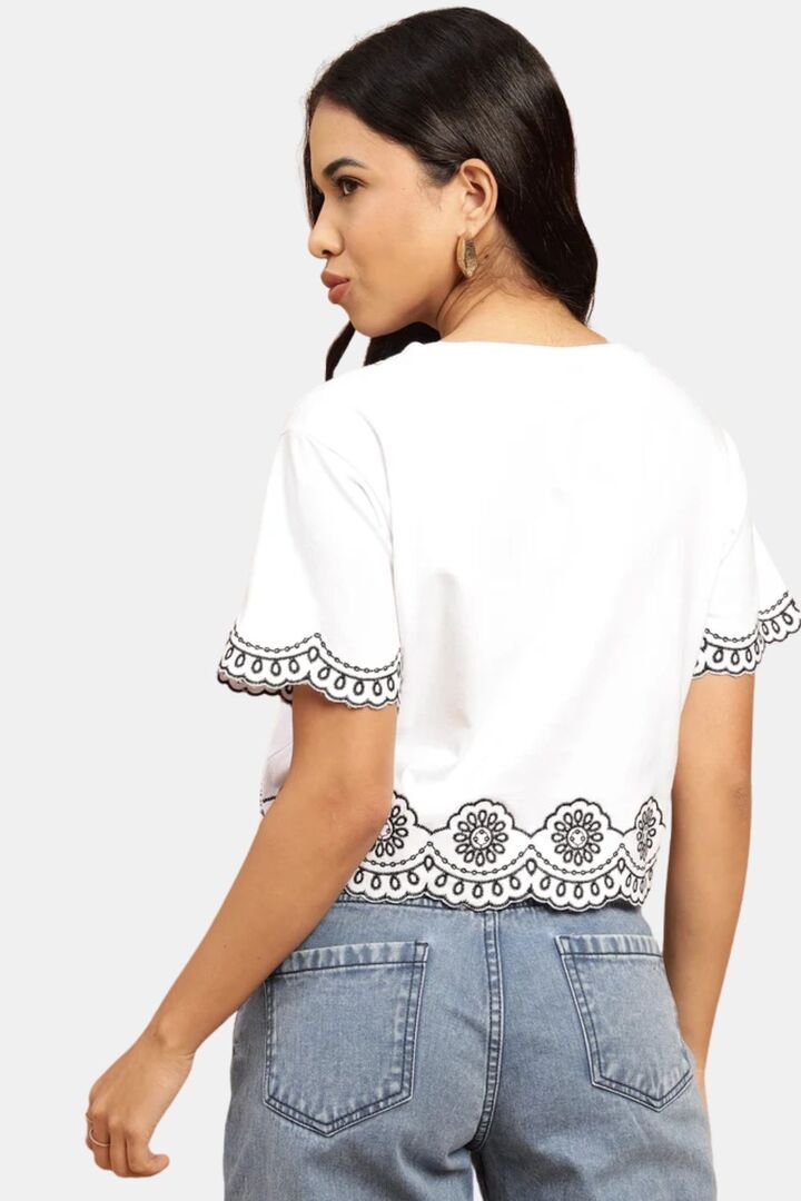 Sands of India White And Black Schiffli Crop Fit T-Shirt - White — image 3