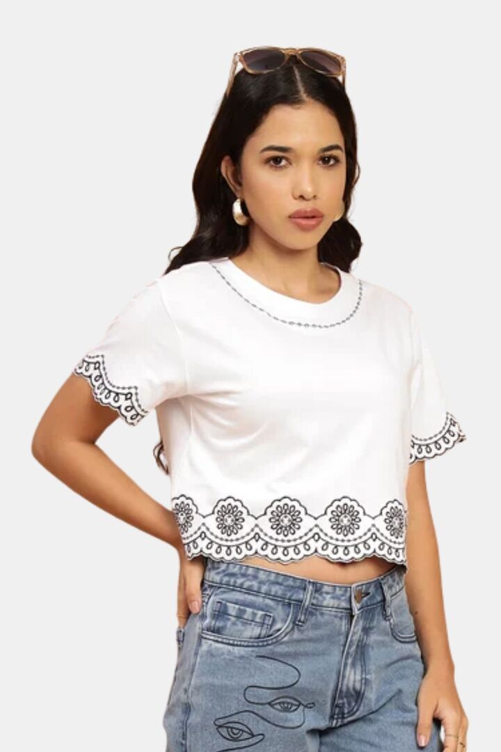 Sands of India White And Black Schiffli Crop Fit T-Shirt - White — image 5