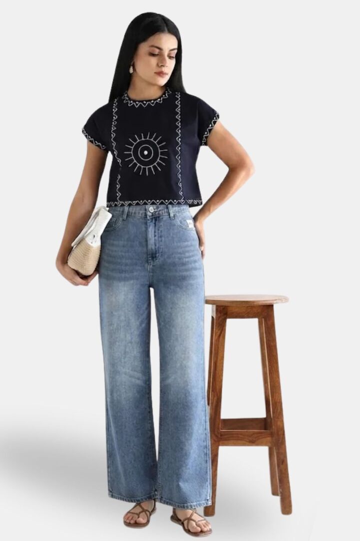 Sands of India Women Blue Cotton Embroidered Top With Relaxed Fit Boxy Crop Top - Blue — image 2