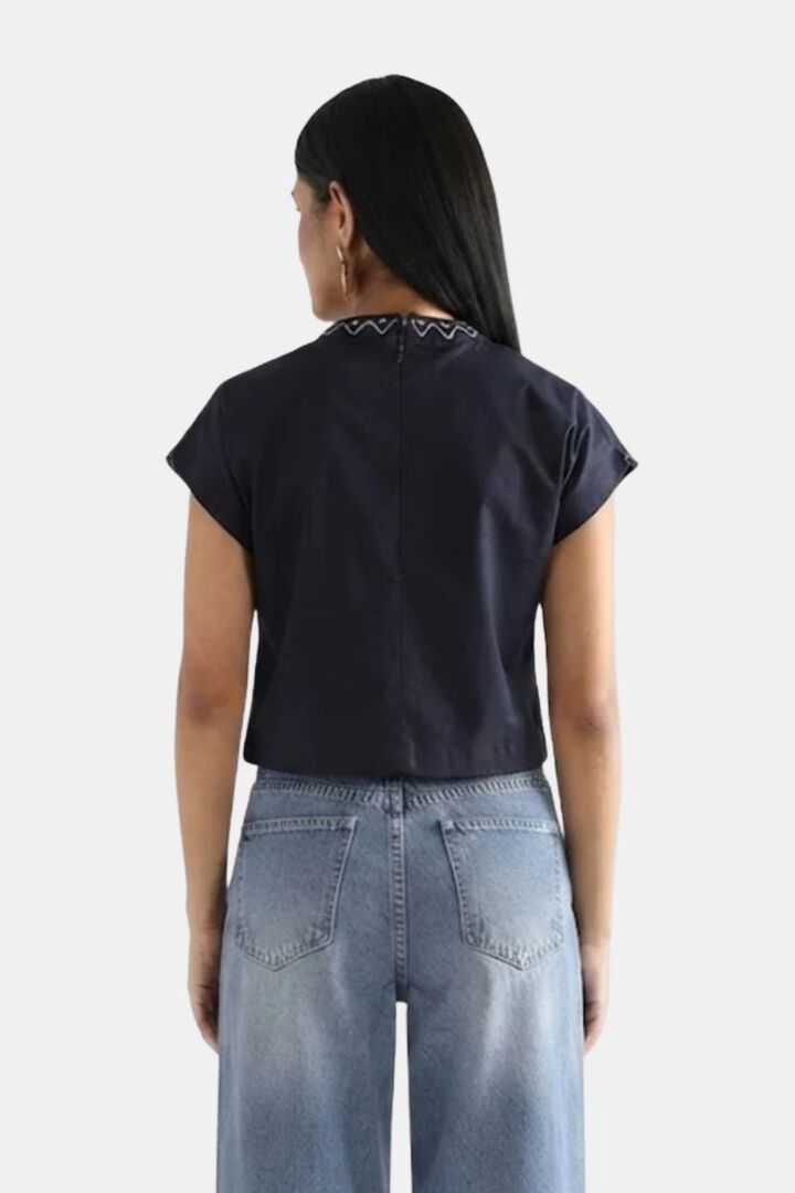 Sands of India Women Blue Cotton Embroidered Top With Relaxed Fit Boxy Crop Top - Blue — image 3