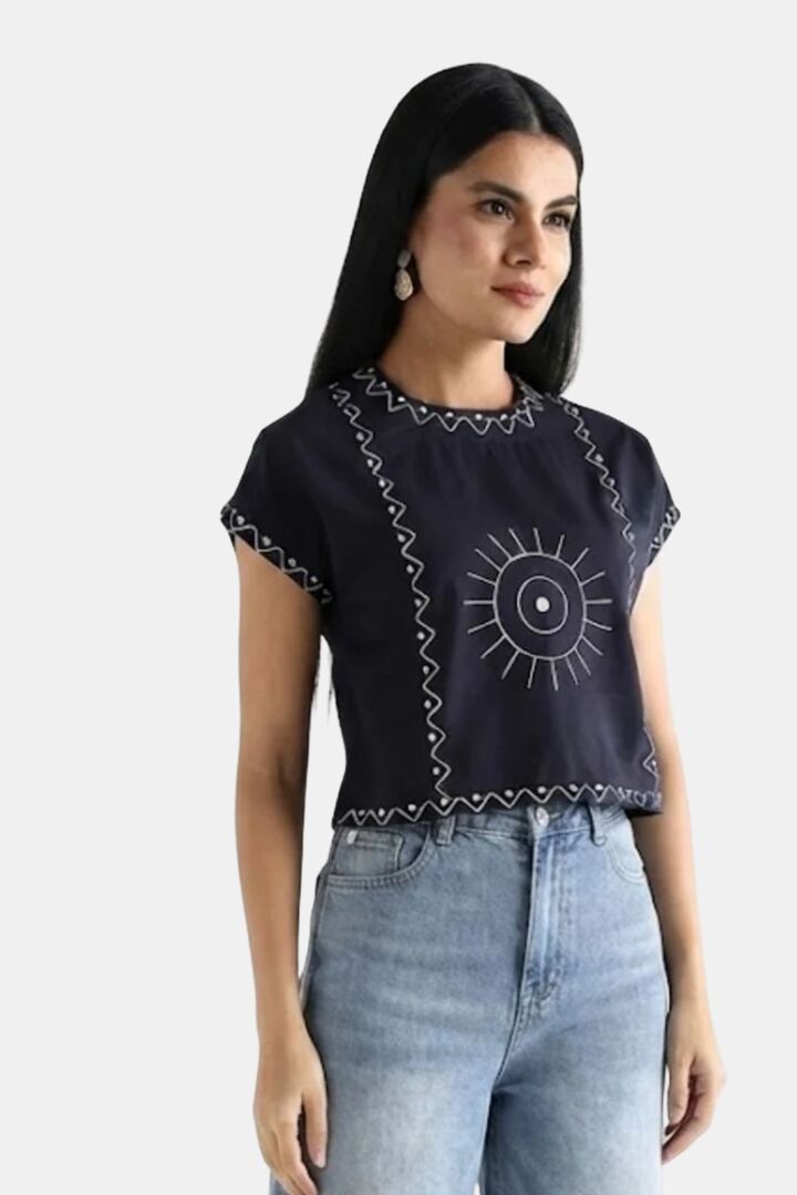 Sands of India Women Blue Cotton Embroidered Top With Relaxed Fit Boxy Crop Top - Blue — image 4