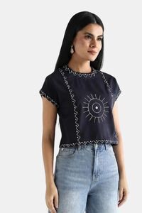 Sands of India Women Blue Cotton Embroidered Top With Relaxed Fit Boxy Crop Top - Blue — thumbnail 4