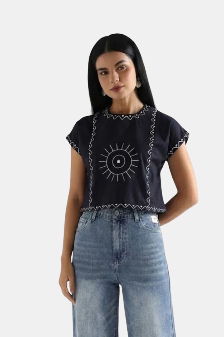 Sands of India Women Blue Cotton Embroidered Top With Relaxed Fit Boxy Crop Top - Blue — image 5