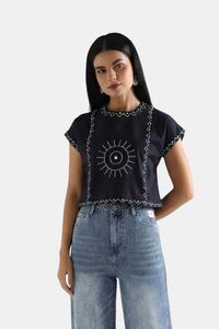 Sands of India Women Blue Cotton Embroidered Top With Relaxed Fit Boxy Crop Top - Blue — thumbnail 5