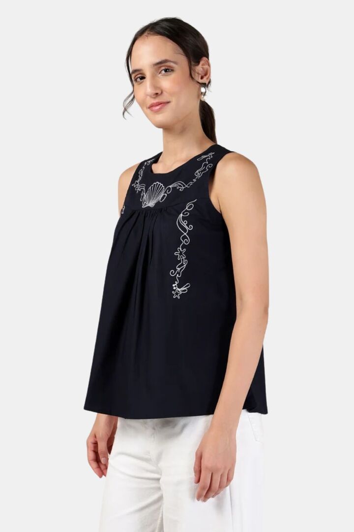 Sands of India Women Embroidery Navy Blue Sleeveless Top - Blue — image 3