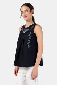 Sands of India Women Embroidery Navy Blue Sleeveless Top - Blue — thumbnail 3