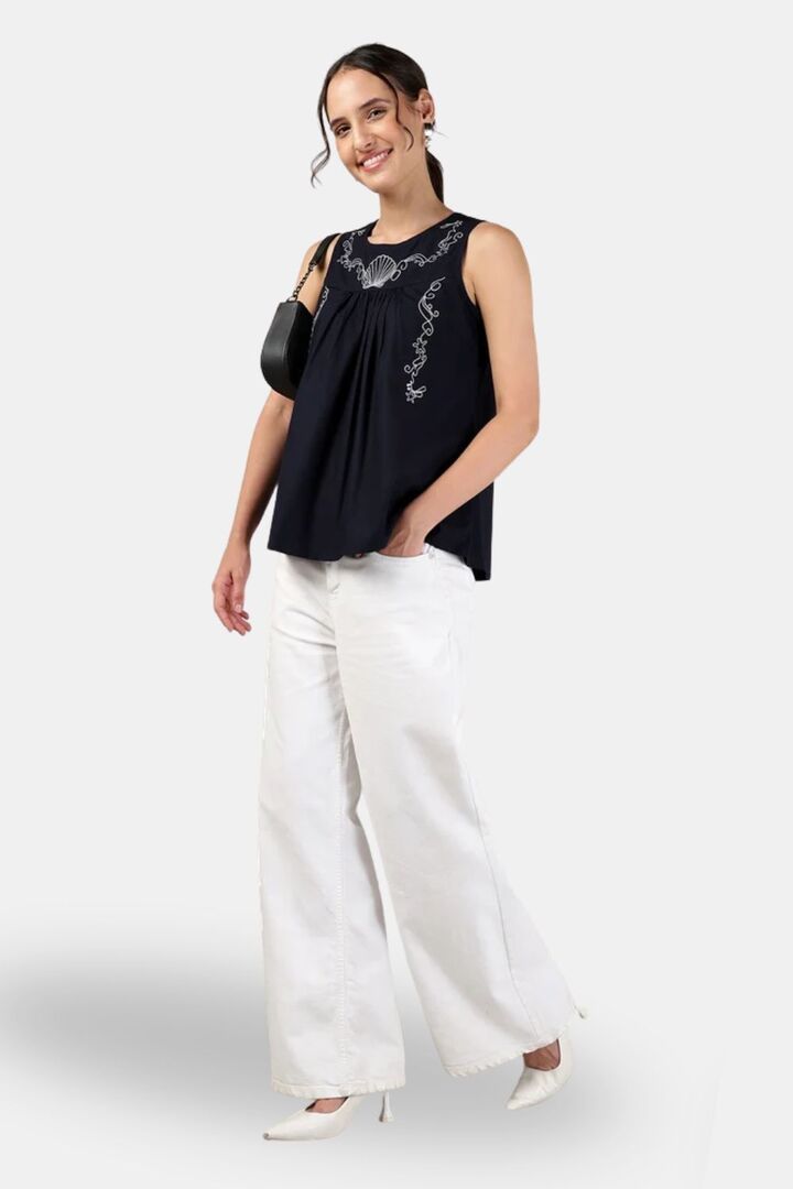 Sands of India Women Embroidery Navy Blue Sleeveless Top - Blue — image 4