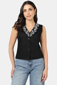 Sands of India Women Black Poplin Embroidered V-Neck Waistcoat - Black — thumbnail 1