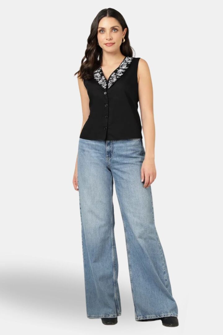 Sands of India Women Black Poplin Embroidered V-Neck Waistcoat - Black — image 2