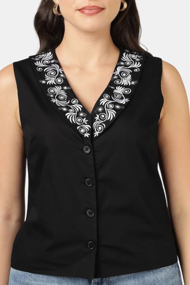 Sands of India Women Black Poplin Embroidered V-Neck Waistcoat - Black — image 5