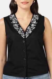 Sands of India Women Black Poplin Embroidered V-Neck Waistcoat - Black — thumbnail 5
